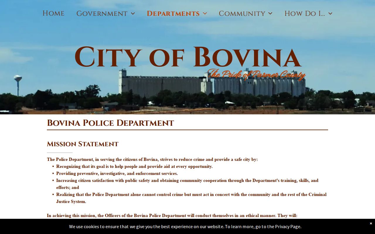 Bovina Police Department contact interface for city arrest record requests