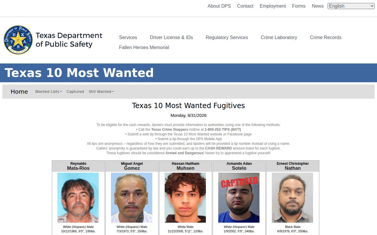 Texas official wanted fugitives tip resource for Parmer County warrant questions